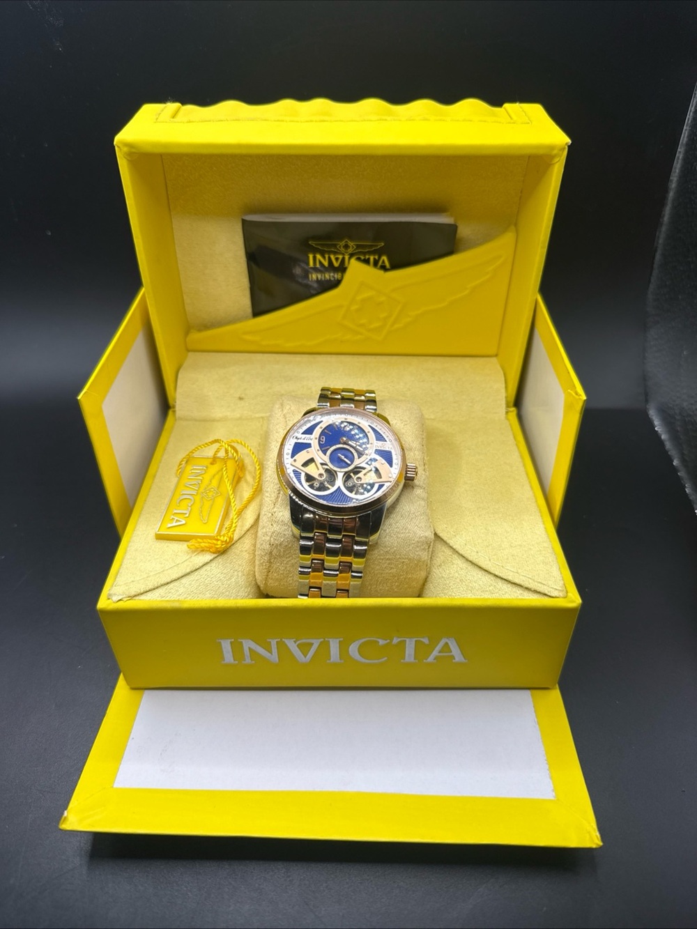 Invicta Two-Tone Bracelet Watch with Blue Skeleton Dial